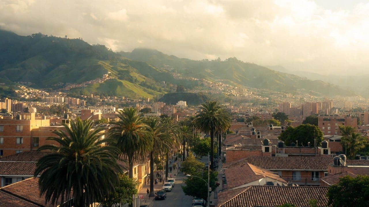View of Medellin cityscape with lush green mountains and urban neighborhoods in warm afternoon light