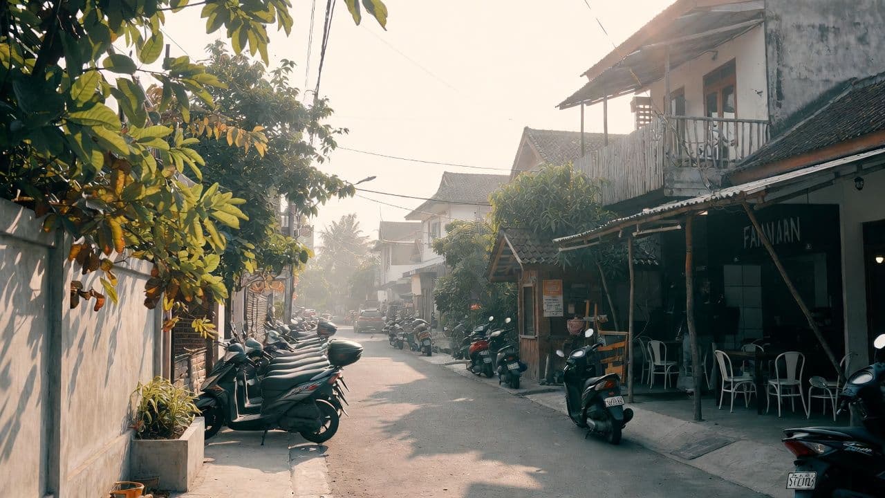 Canggu street scene with scooters, cafes, and tropical vegetation in warm afternoon light