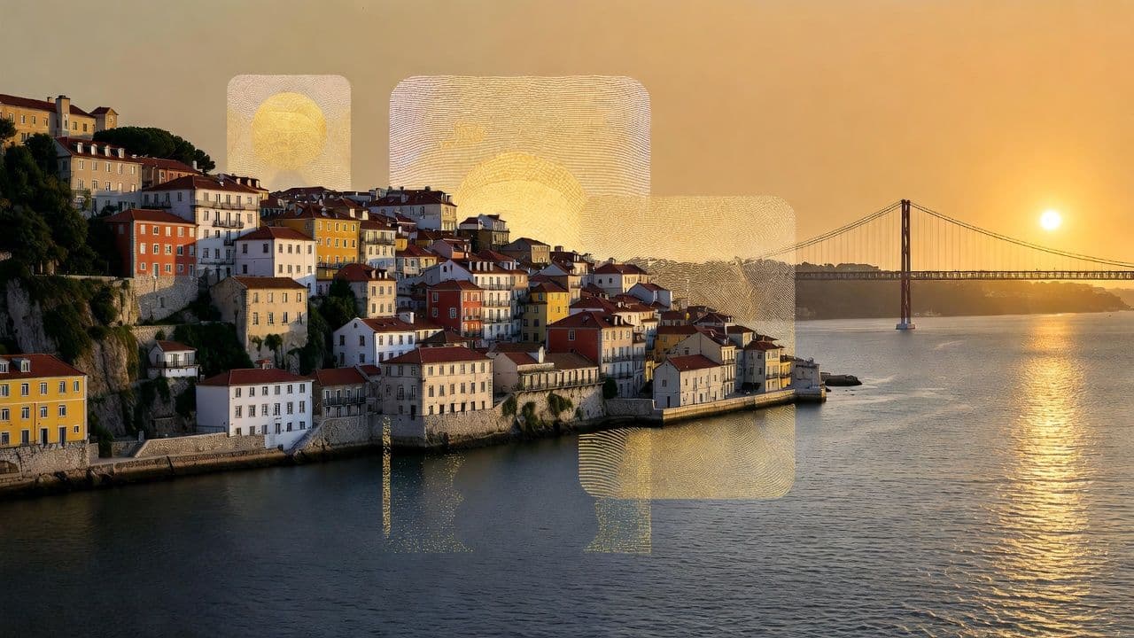 Lisbon cityscape with golden visa passport concept illustration