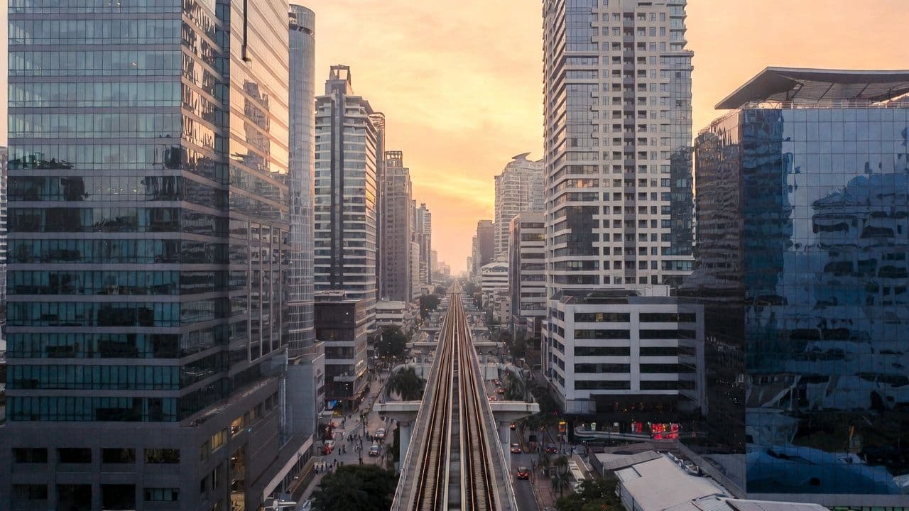 Bangkok skyline at dusk with BTS Skytrain tracks cutting through high-rise buildings and warm golden light