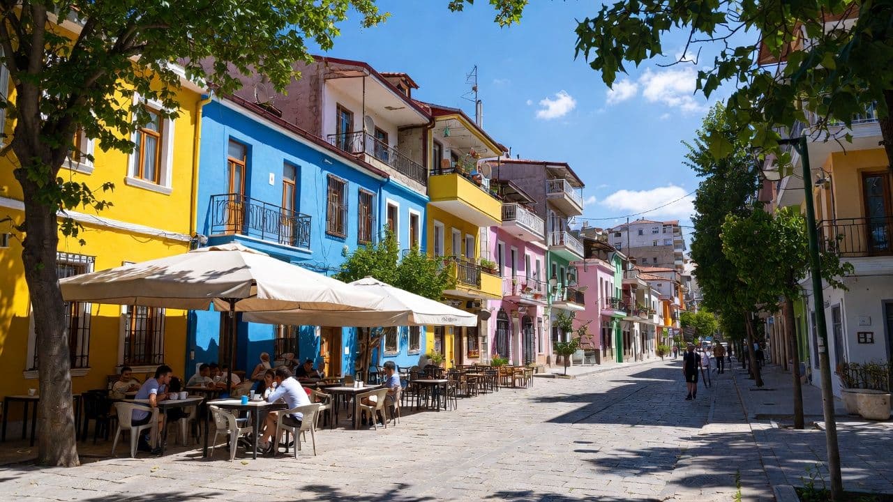 Tirana Albania city center with colorful buildings and Skanderbeg Square in daylight