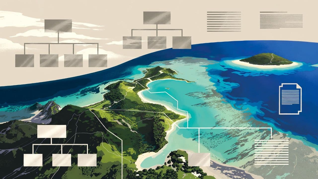 Aerial view of British Virgin Islands coastline with corporate structure diagram overlay representing offshore company formation