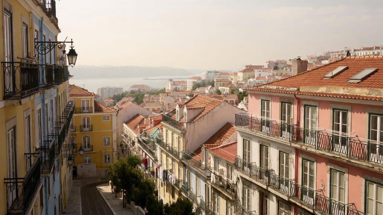 Lisbon neighborhood with pastel-colored buildings and narrow cobblestone street in soft afternoon light