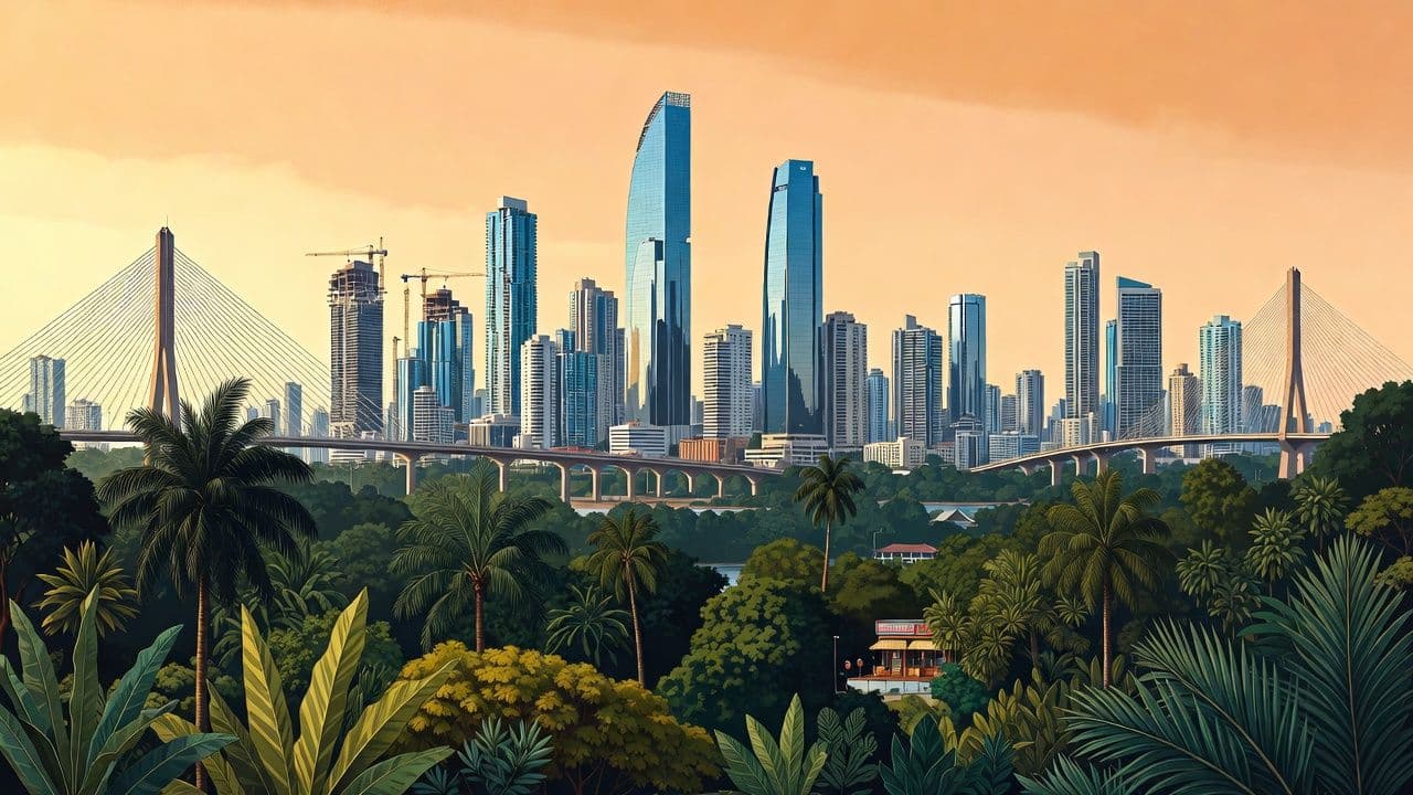 Panama City skyline with the Canal and tropical greenery representing retirement destination