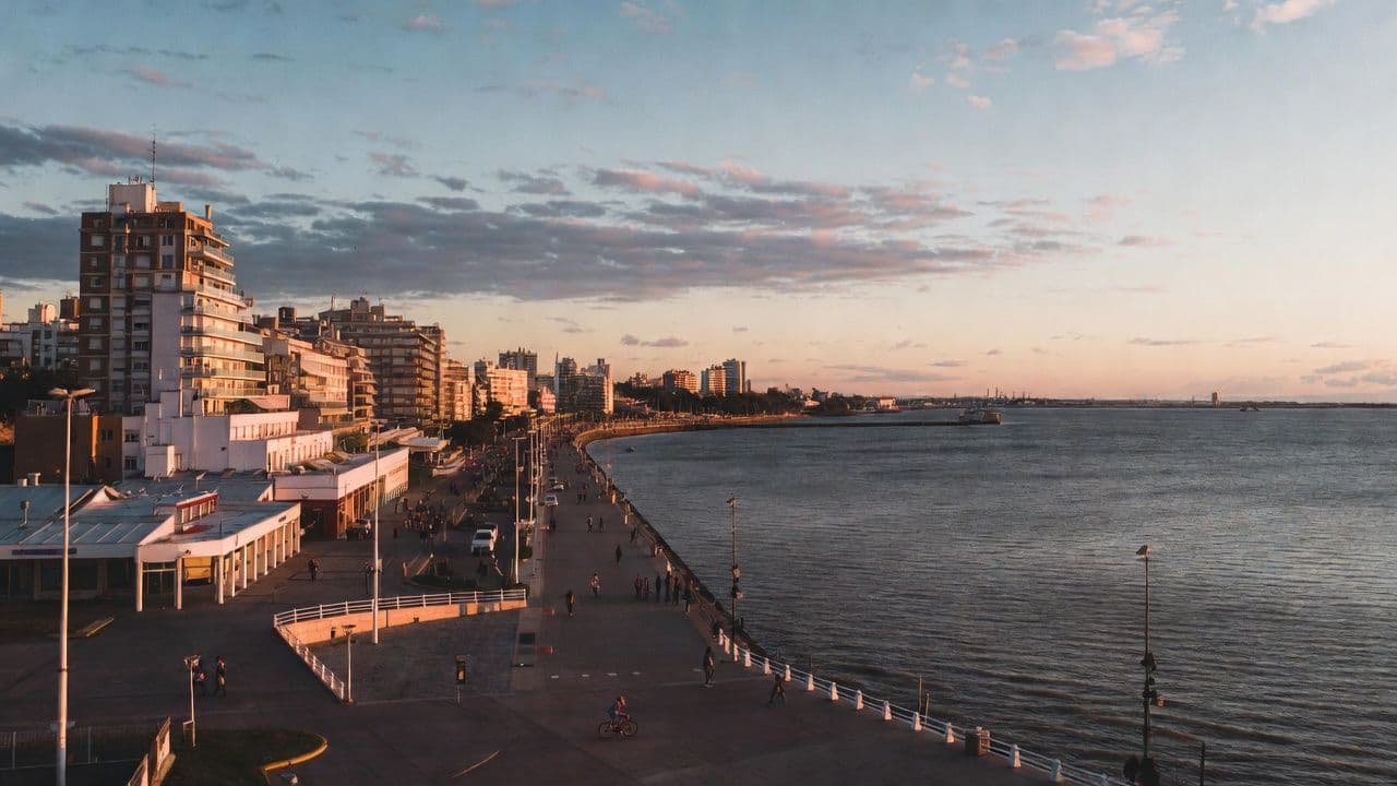 Montevideo Rambla waterfront promenade with coastal buildings and Rio de la Plata in soft daylight