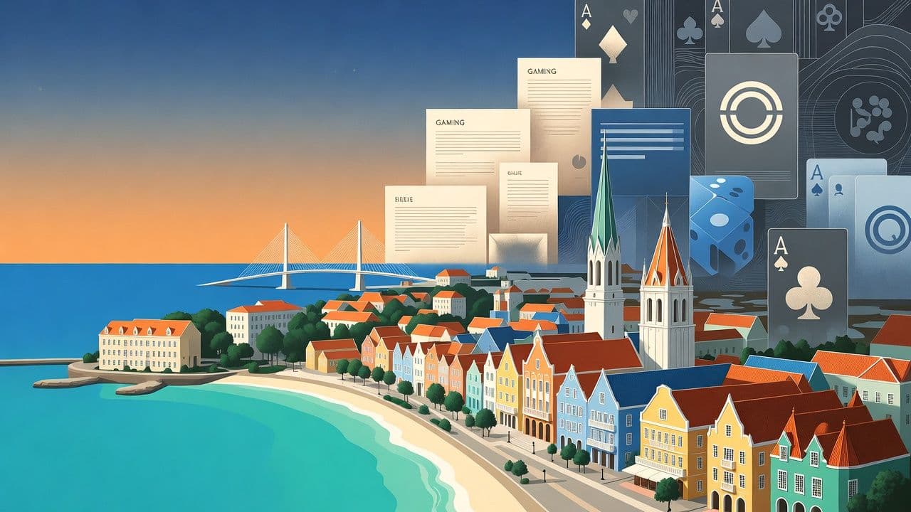 Curacao coastline with gaming regulatory authority symbols representing transition from master license to individual licensing