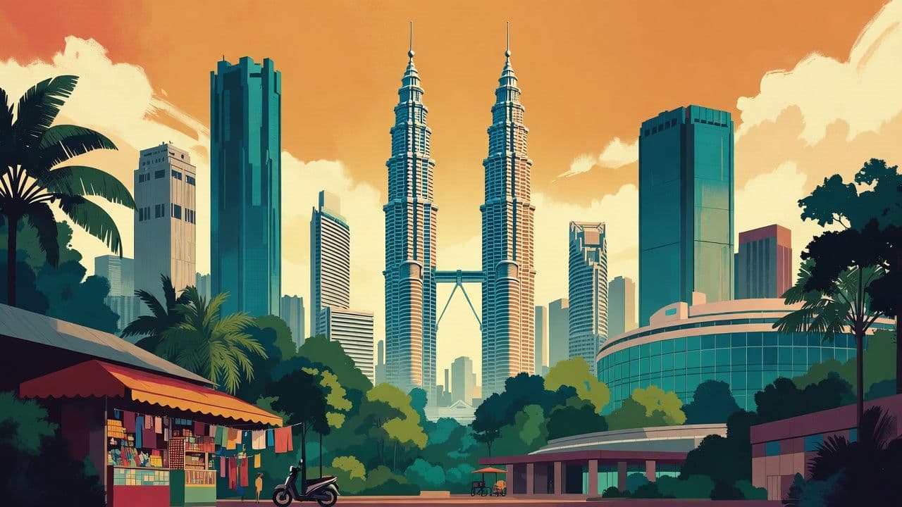 Kuala Lumpur skyline featuring the Petronas Towers and lush tropical surroundings