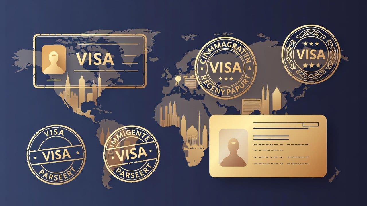 World map showing golden visa investment destinations with residency permit concept