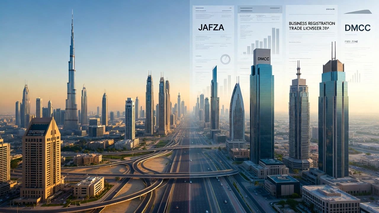 Dubai skyline with free zone and mainland commercial districts representing UAE company formation options